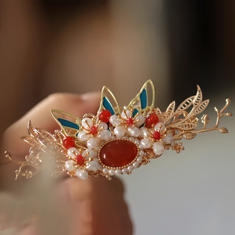 Klassische chinesische Haarkrone mit Perlen und Schmetterlingsmotiven Classical Chinese Pearl Butterfly Hair Crown