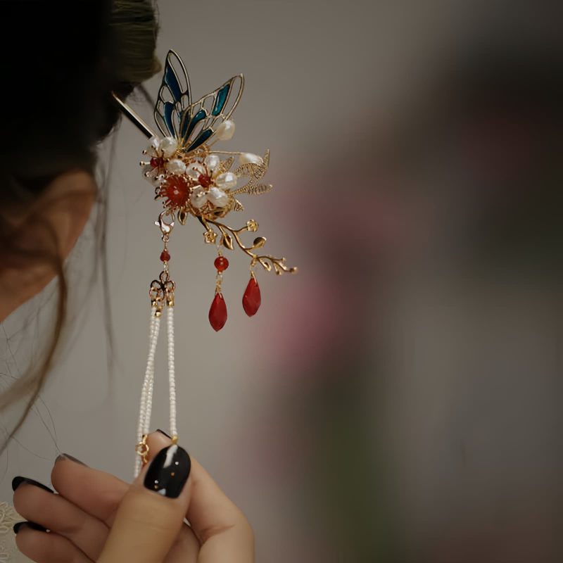 Klassische chinesische Haarkrone mit Perlen und Schmetterlingsmotiven Classical Chinese Pearl Butterfly Hair Crown