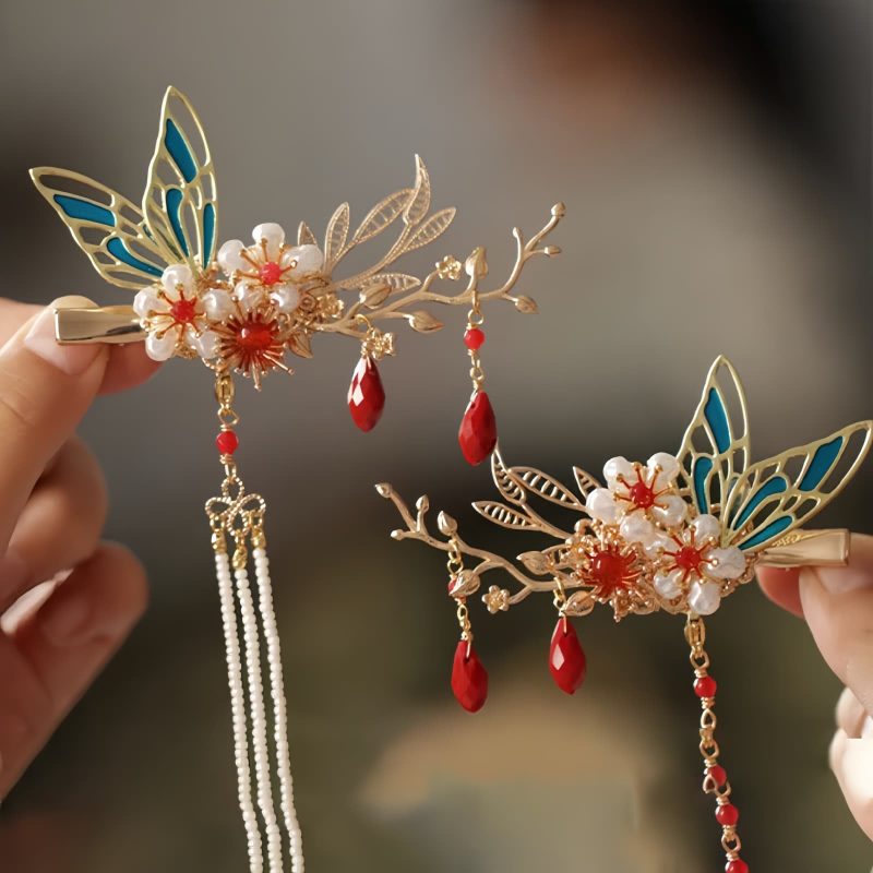 Klassische chinesische Haarkrone mit Perlen und Schmetterlingsmotiven Classical Chinese Pearl Butterfly Hair Crown