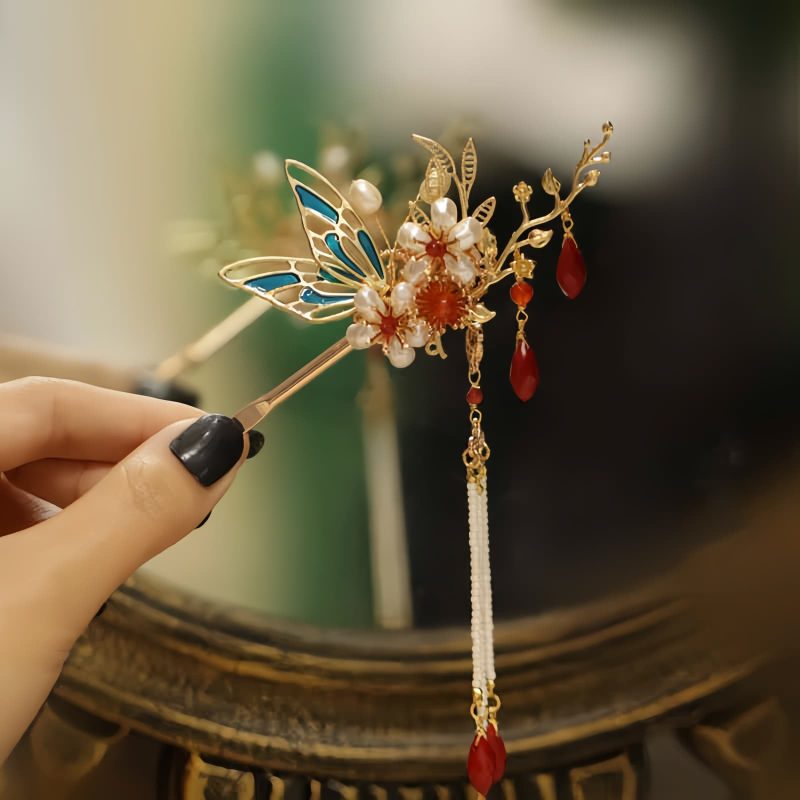 Klassische chinesische Haarkrone mit Perlen und Schmetterlingsmotiven Classical Chinese Pearl Butterfly Hair Crown