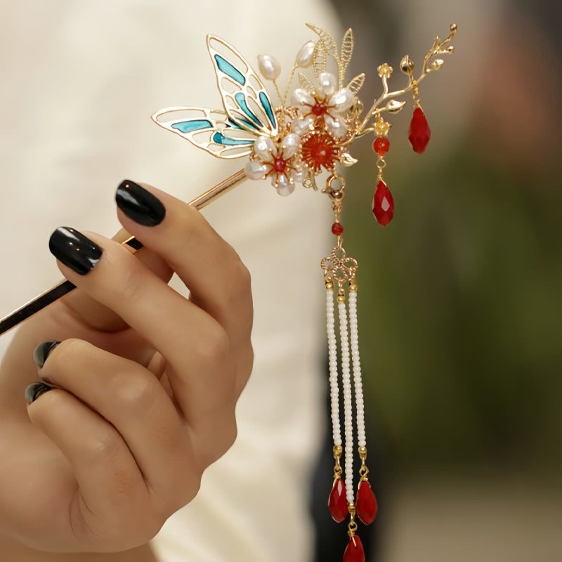 Klassische chinesische Haarkrone mit Perlen und Schmetterlingsmotiven Classical Chinese Pearl Butterfly Hair Crown
