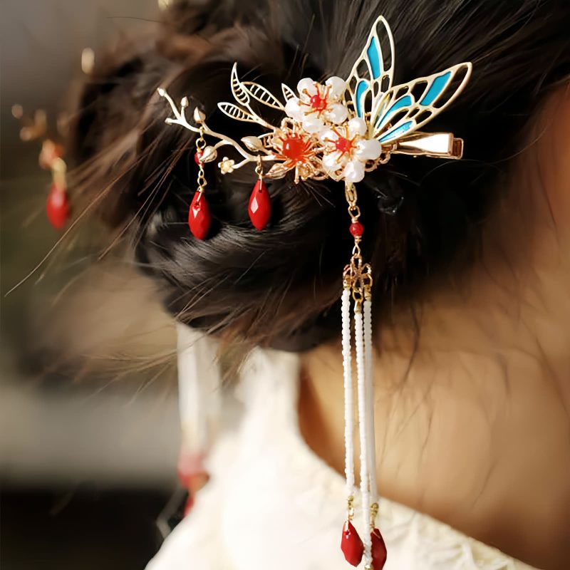 Klassische chinesische Haarkrone mit Perlen und Schmetterlingsmotiven Classical Chinese Pearl Butterfly Hair Crown