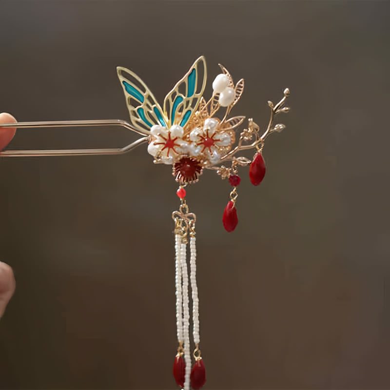 Klassische chinesische Haarkrone mit Perlen und Schmetterlingsmotiven Classical Chinese Pearl Butterfly Hair Crown