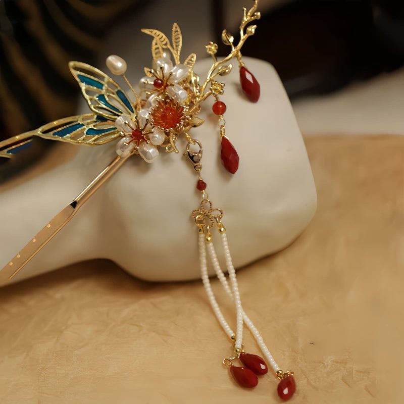 Klassische chinesische Haarkrone mit Perlen und Schmetterlingsmotiven Classical Chinese Pearl Butterfly Hair Crown