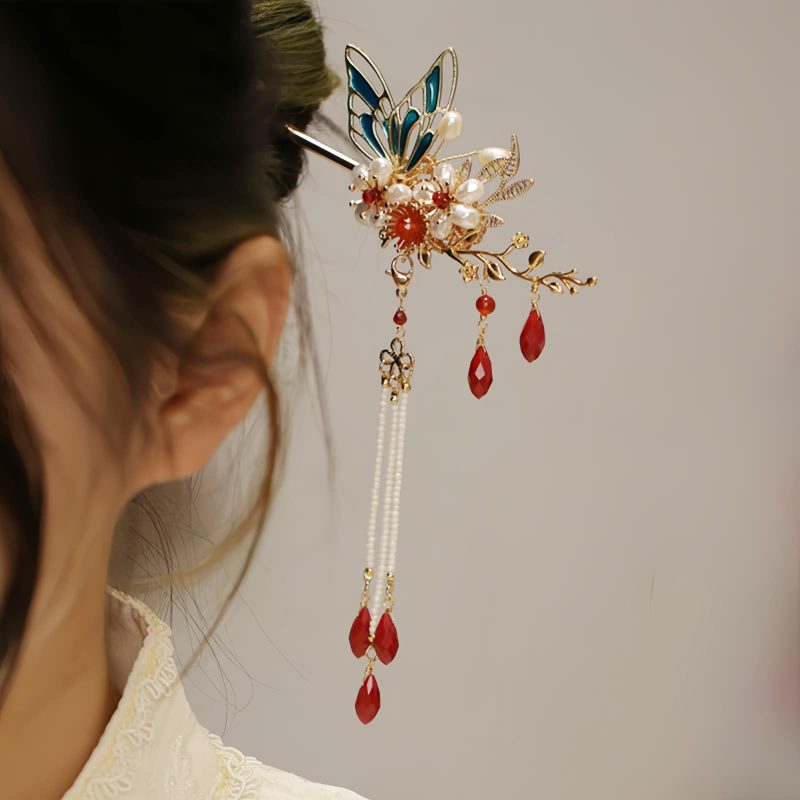 Klassische chinesische Haarkrone mit Perlen und Schmetterlingsmotiven Classical Chinese Pearl Butterfly Hair Crown