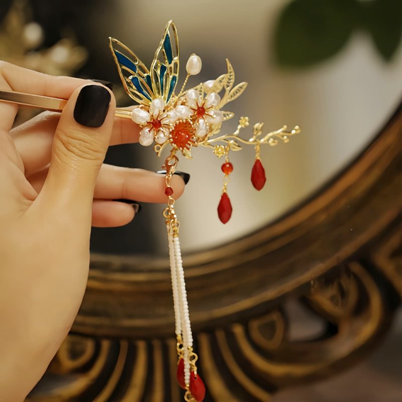 Klassische chinesische Haarkrone mit Perlen und Schmetterlingsmotiven Classical Chinese Pearl Butterfly Hair Crown