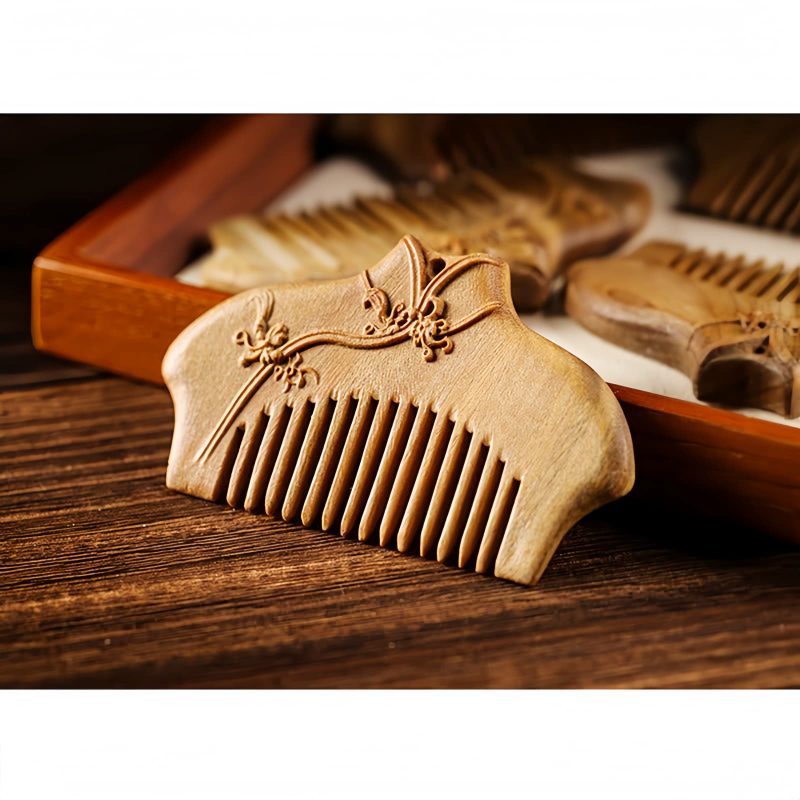Handgefertigter Kamm aus grünem Sandelholz mit floraler Gravur Green Sandalwood Floral Engraved Comb