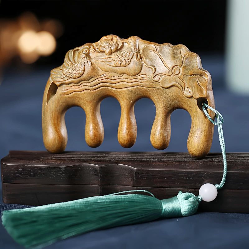 Green Sandalwood Plum Blossom Koi Fish Engraved Comb Green Sandalwood Plum Blossom Koi Fish Engraved Comb
