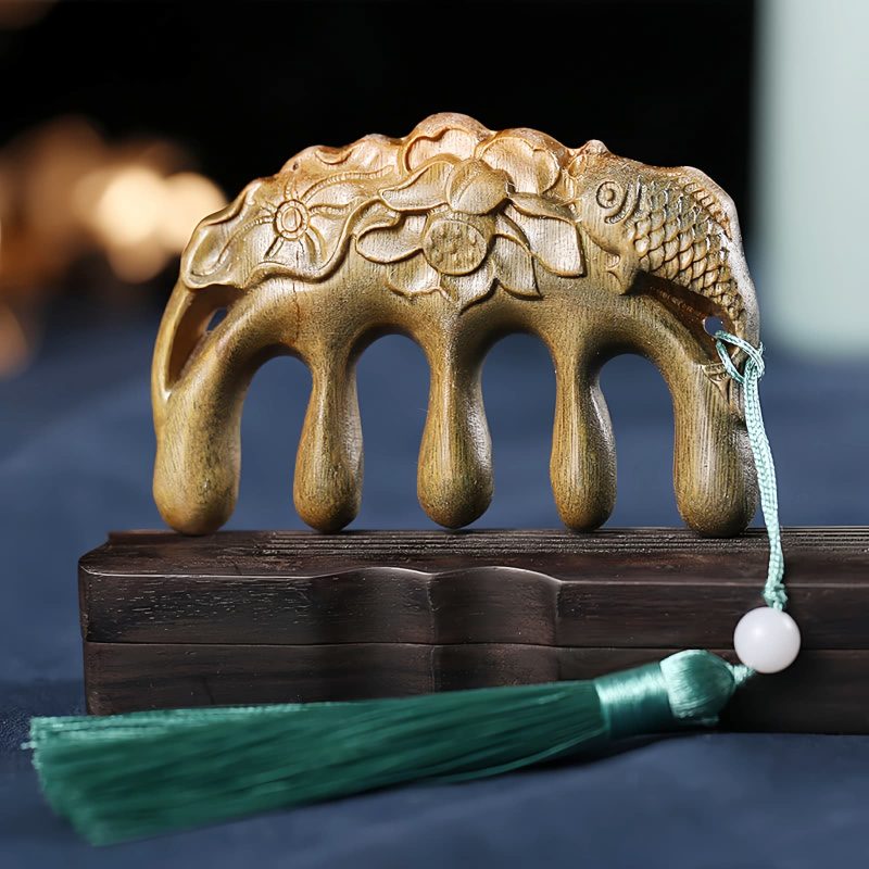 Green Sandalwood Plum Blossom Koi Fish Engraved Comb Green Sandalwood Plum Blossom Koi Fish Engraved Comb