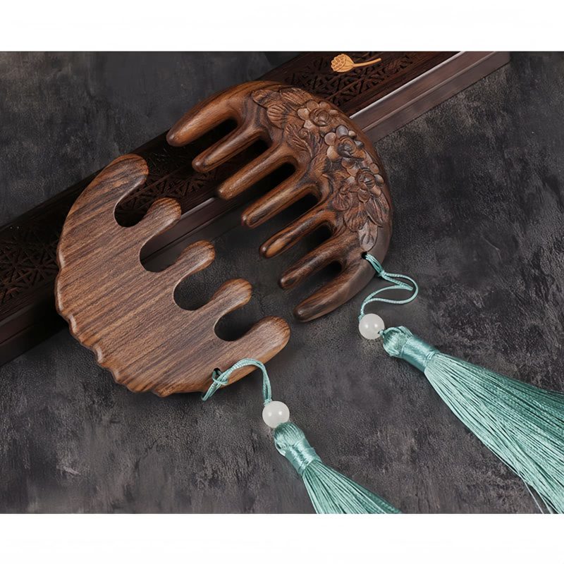 Green Sandalwood Plum Blossom Koi Fish Engraved Comb Green Sandalwood Plum Blossom Koi Fish Engraved Comb