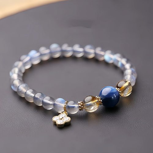 Pulseira de Pedra da Lua Natural com Pingente de Flor Pulseira de Pedra da Lua Natural com Pingente de Flor