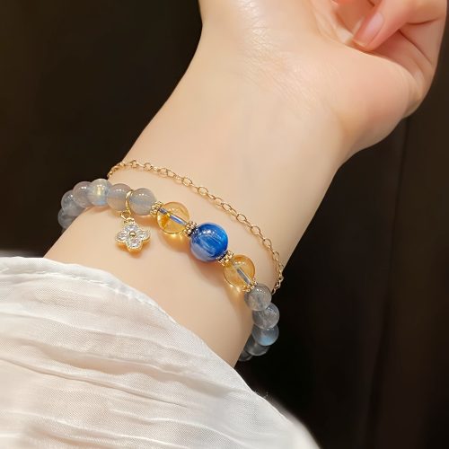 Pulseira de Pedra da Lua Natural com Pingente de Flor Pulseira de Pedra da Lua Natural com Pingente de Flor