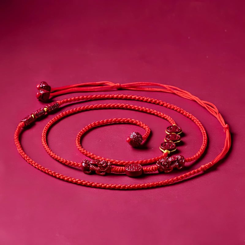 天然朱砂・貔貅(ヒキュウ)ウエストチェーン:福を呼ぶ赤い紐の御守り Natural Cinnabar Pixiu Belly Chain