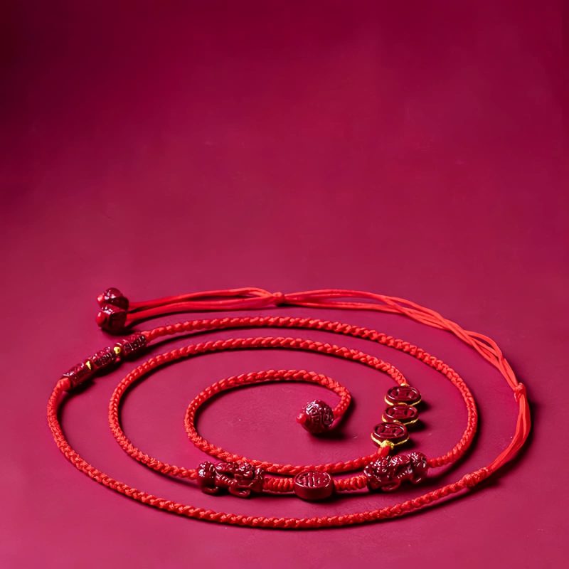 天然朱砂・貔貅(ヒキュウ)ウエストチェーン:福を呼ぶ赤い紐の御守り Natural Cinnabar Pixiu Belly Chain