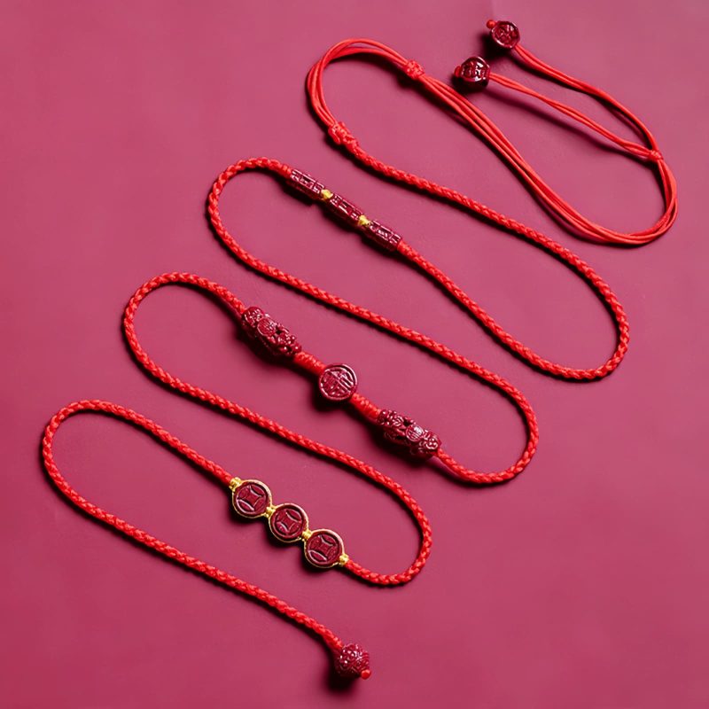 天然朱砂・貔貅(ヒキュウ)ウエストチェーン:福を呼ぶ赤い紐の御守り Natural Cinnabar Pixiu Belly Chain