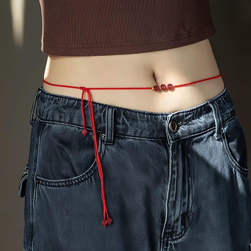 天然朱砂・貔貅(ヒキュウ)ウエストチェーン:福を呼ぶ赤い紐の御守り Natural Cinnabar Pixiu Belly Chain