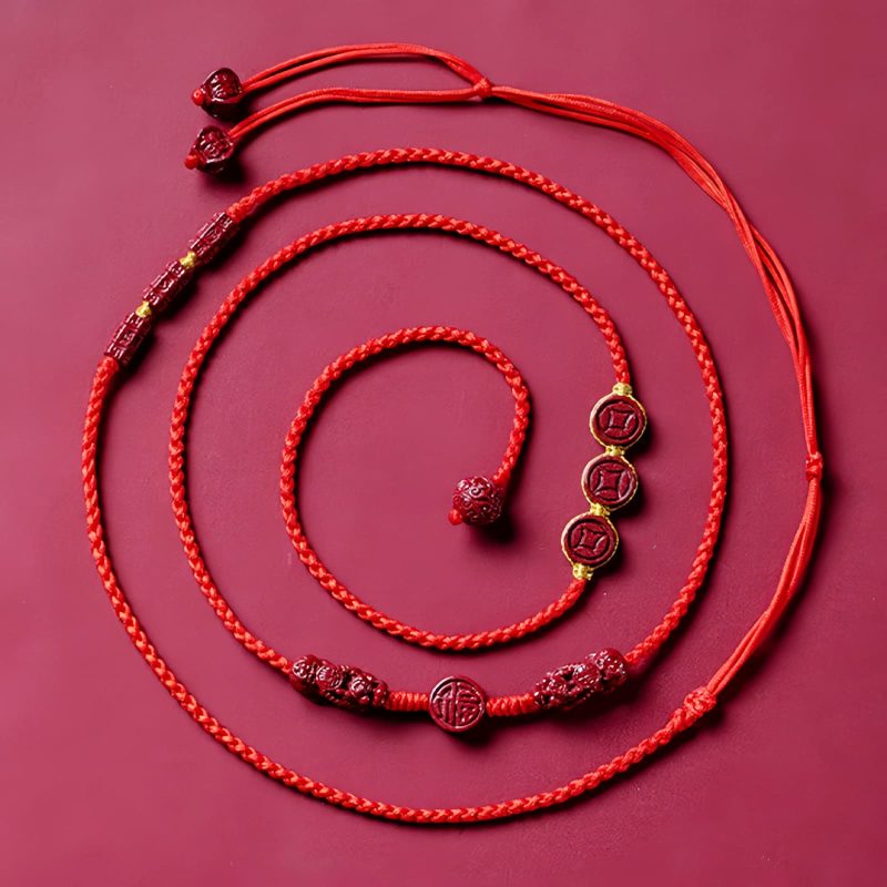天然朱砂・貔貅(ヒキュウ)ウエストチェーン:福を呼ぶ赤い紐の御守り Natural Cinnabar Pixiu Belly Chain