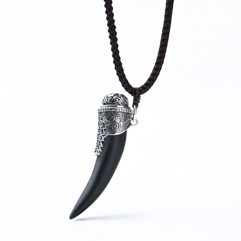 925 Silver Black Obsidian Wolf Tooth Necklace 925 Silver Black Obsidian Wolf Tooth Necklace