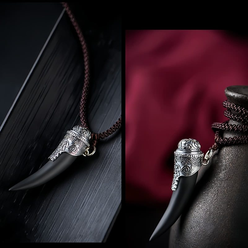 925 Silver Black Obsidian Wolf Tooth Necklace 925 Silver Black Obsidian Wolf Tooth Necklace