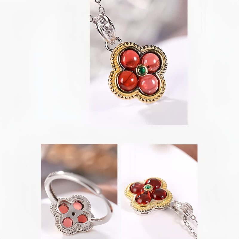 925 Silver Garnet Four-leaf Clover Protection Necklace 925 Silver Garnet Four-leaf Clover Protection Necklace
