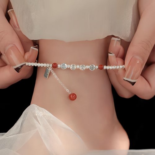 925 Silver Red Agate Peace Anklet