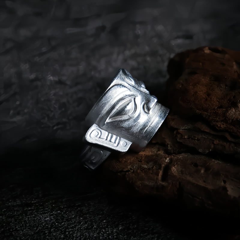 Anillo de Protección Máscara de Sanxingdui en Plata de Ley 999 999 Silver Sanxingdui Mask Protection Ring