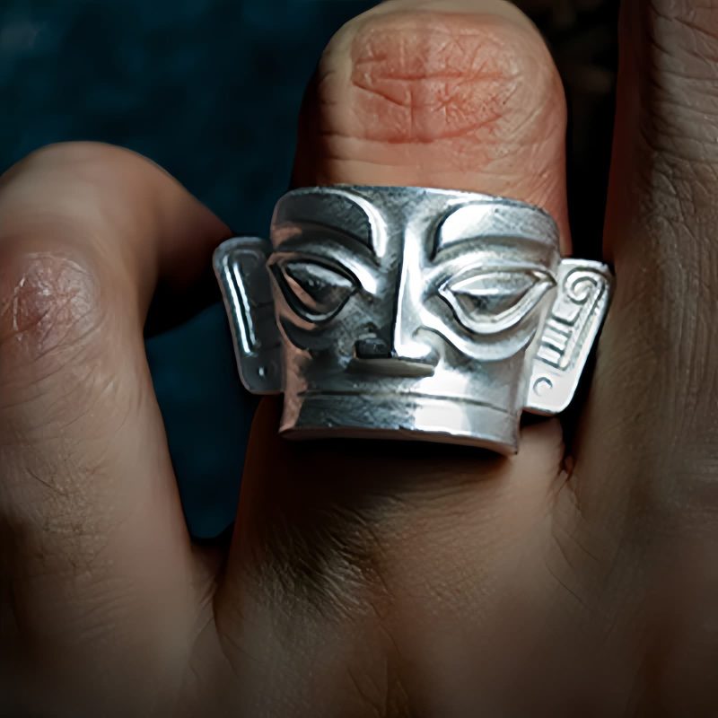 Anillo de Protección Máscara de Sanxingdui en Plata de Ley 999 999 Silver Sanxingdui Mask Protection Ring