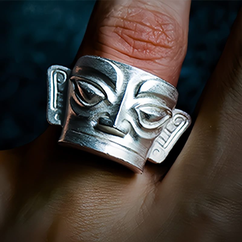 Anillo de Protección Máscara de Sanxingdui en Plata de Ley 999 999 Silver Sanxingdui Mask Protection Ring