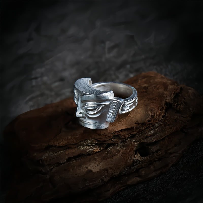 Anillo de Protección Máscara de Sanxingdui en Plata de Ley 999 999 Silver Sanxingdui Mask Protection Ring