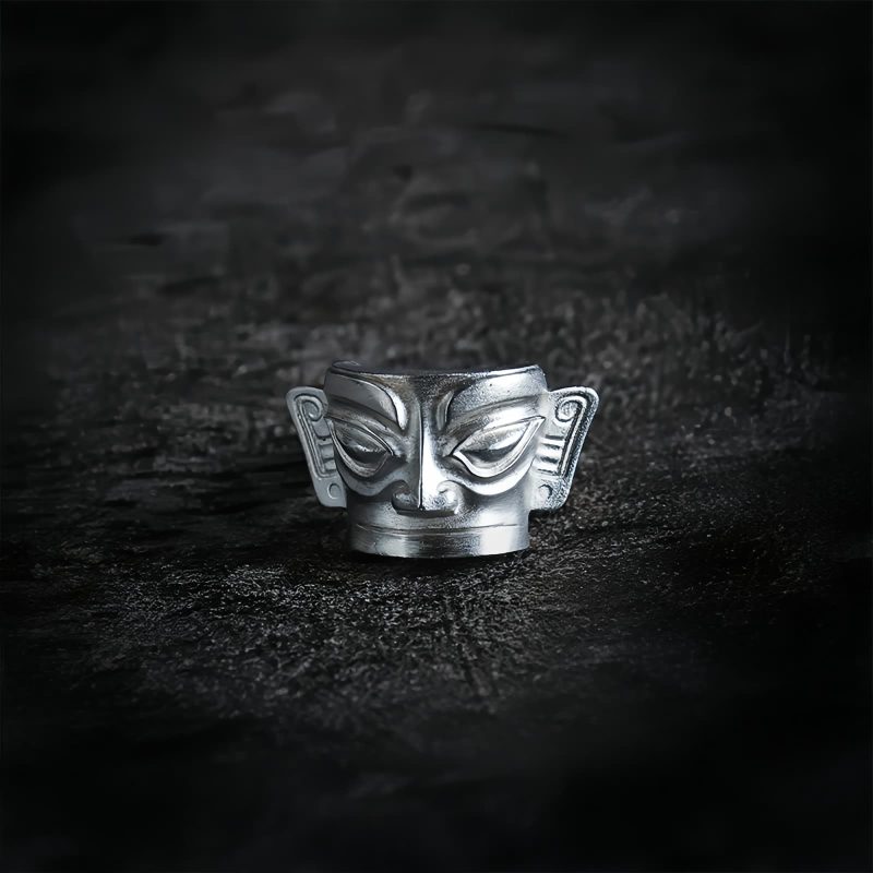 Anillo de Protección Máscara de Sanxingdui en Plata de Ley 999 999 Silver Sanxingdui Mask Protection Ring