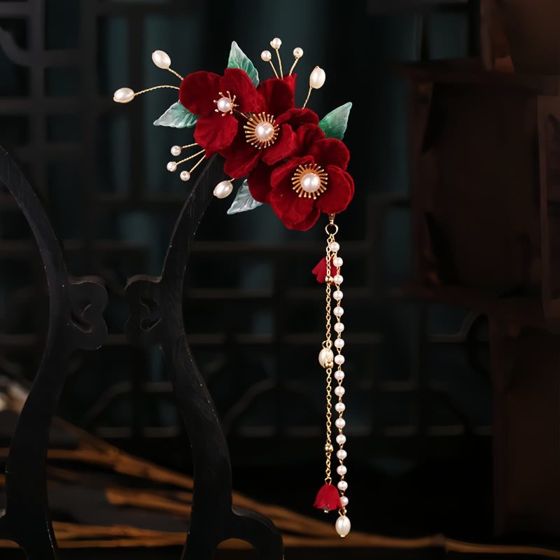 Antiquity Red Flowers Pearl Hair Clip Antiquity Red Flowers Pearl Hair Clip