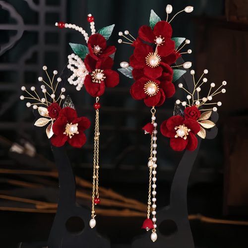 Antiquity Red Flowers Pearl Hair Clip