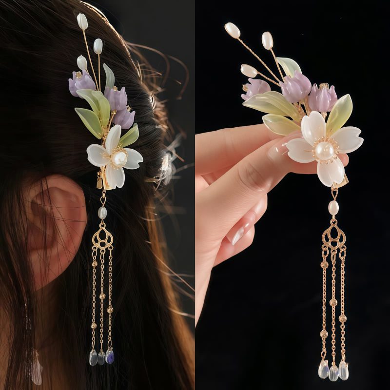 Pinza de Pelo con Conejo y Perlas: Elegancia Tradicional China Chinese Flower Pearl Rabbit Hair Clip