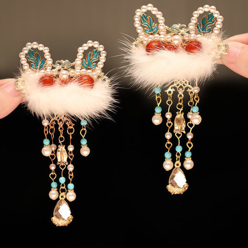 Pinza de Pelo con Conejo y Perlas: Elegancia Tradicional China Chinese Flower Pearl Rabbit Hair Clip
