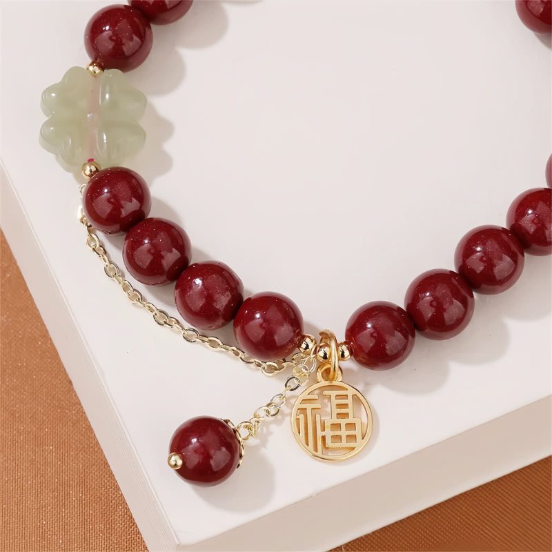 Cinnabar & Hetian Jade Lucky Clover Bracelet Cinnabar & Hetian Jade Lucky Clover Bracelet