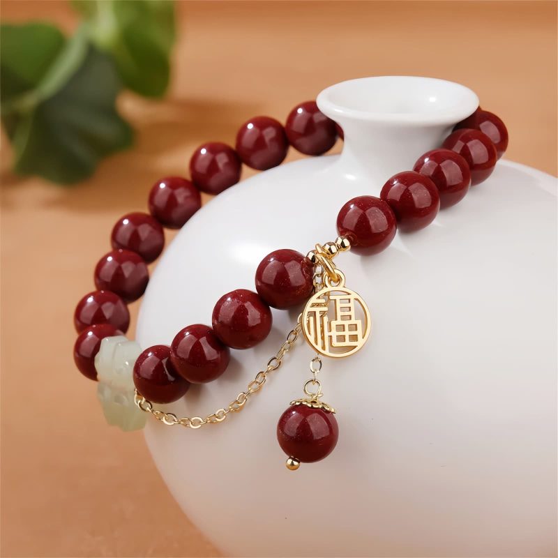 Cinnabar & Hetian Jade Lucky Clover Bracelet Cinnabar & Hetian Jade Lucky Clover Bracelet