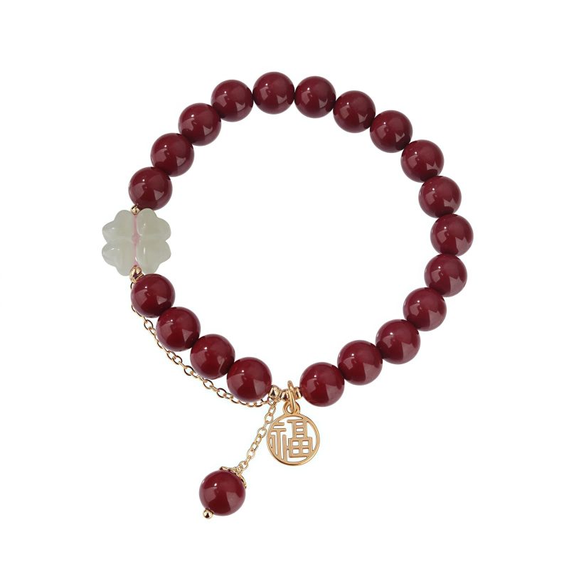 Cinnabar & Hetian Jade Lucky Clover Bracelet Cinnabar & Hetian Jade Lucky Clover Bracelet