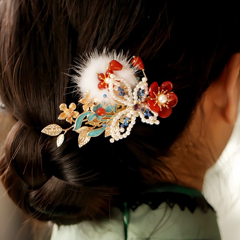 Classical Chinese Red Flower Butterfly Hair Clip Classical Chinese Red Flower Butterfly Hair Clip