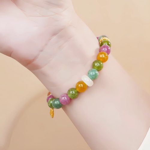 Pulsera de Turmalina Multicolor con Amuleto del Carácter Fu Pulsera de Turmalina Multicolor con Amuleto del Carácter Fu