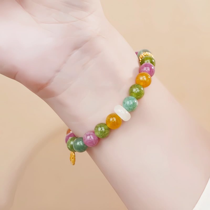 Pulsera de Turmalina Multicolor con Amuleto del Carácter Fu Colorful Tourmaline Fu Character Charm Bracelet