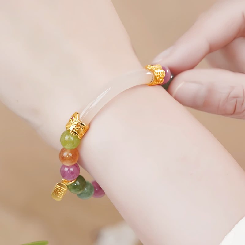 Pulsera de Turmalina Multicolor con Amuleto del Carácter Fu Colorful Tourmaline Fu Character Charm Bracelet