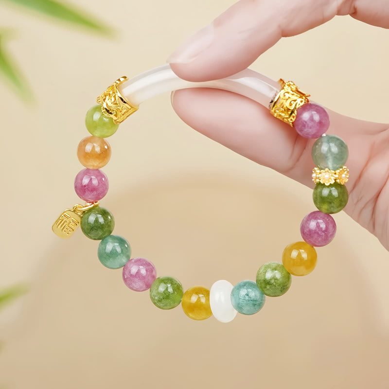 Pulsera de Turmalina Multicolor con Amuleto del Carácter Fu Colorful Tourmaline Fu Character Charm Bracelet