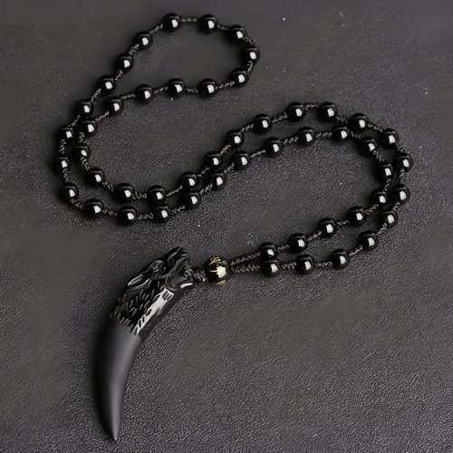 Colgante de Diente de Lobo en Obsidiana Hielo Natural para la Valentía