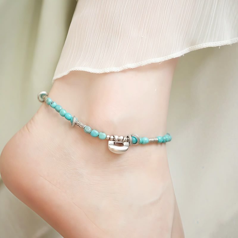 Turquoise 925 Silver Chinese Lock Strength Anklet Turquoise 925 Silver Chinese Lock Strength Anklet