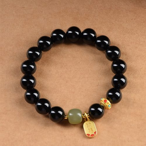 Pulseira da Prosperidade em Ônix Negra e Jade Hetian Pulseira da Prosperidade em Ônix Negra e Jade Hetian