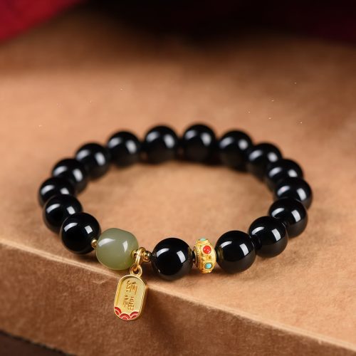 Pulseira da Prosperidade em Ônix Negra e Jade Hetian Pulseira da Prosperidade em Ônix Negra e Jade Hetian