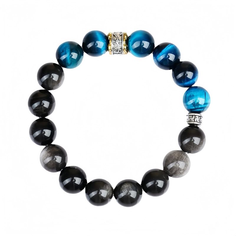 Blaues Tigerauge & Silberglanz-Obsidian: Armband für Schutz und innere Stärke Blue Tiger Eye Obsidian Strength Protection Bracelet