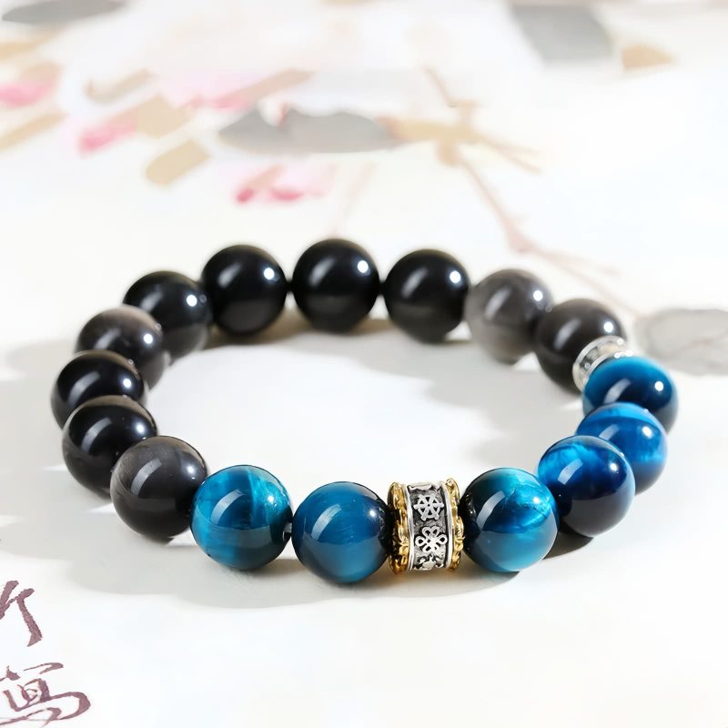 Blaues Tigerauge & Silberglanz-Obsidian: Armband für Schutz und innere Stärke Blue Tiger Eye Obsidian Strength Protection Bracelet