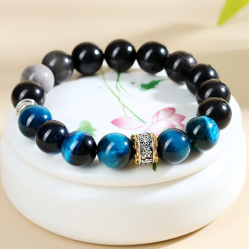 Blaues Tigerauge & Silberglanz-Obsidian: Armband für Schutz und innere Stärke Blue Tiger Eye Obsidian Strength Protection Bracelet