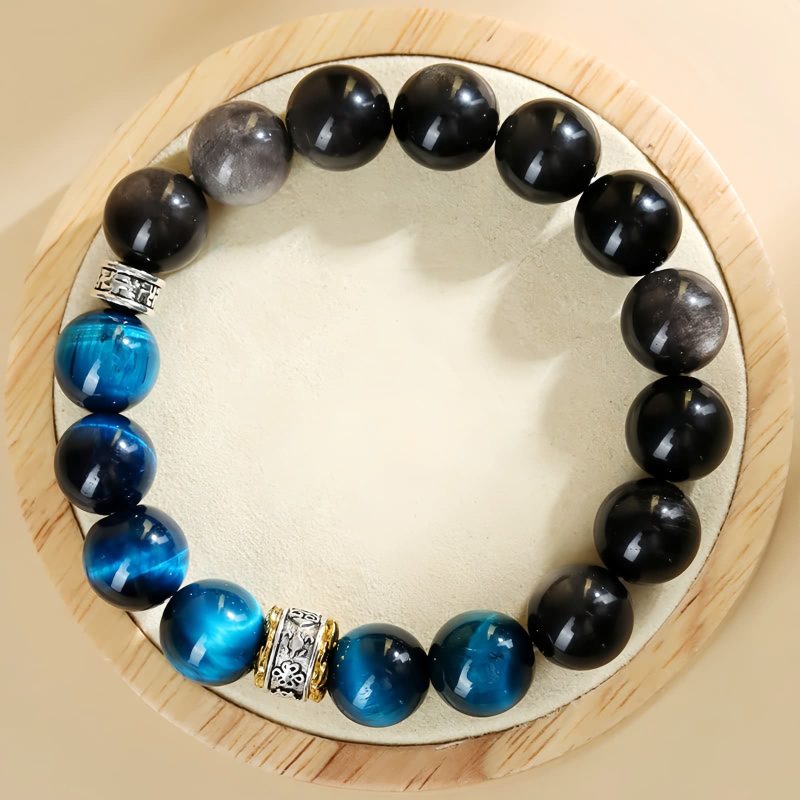 Blaues Tigerauge & Silberglanz-Obsidian: Armband für Schutz und innere Stärke Blue Tiger Eye Obsidian Strength Protection Bracelet